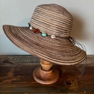 Kallina Womens Brown Striped Sun Hat Beach Vacation UPF 50 Plus Wide Brim